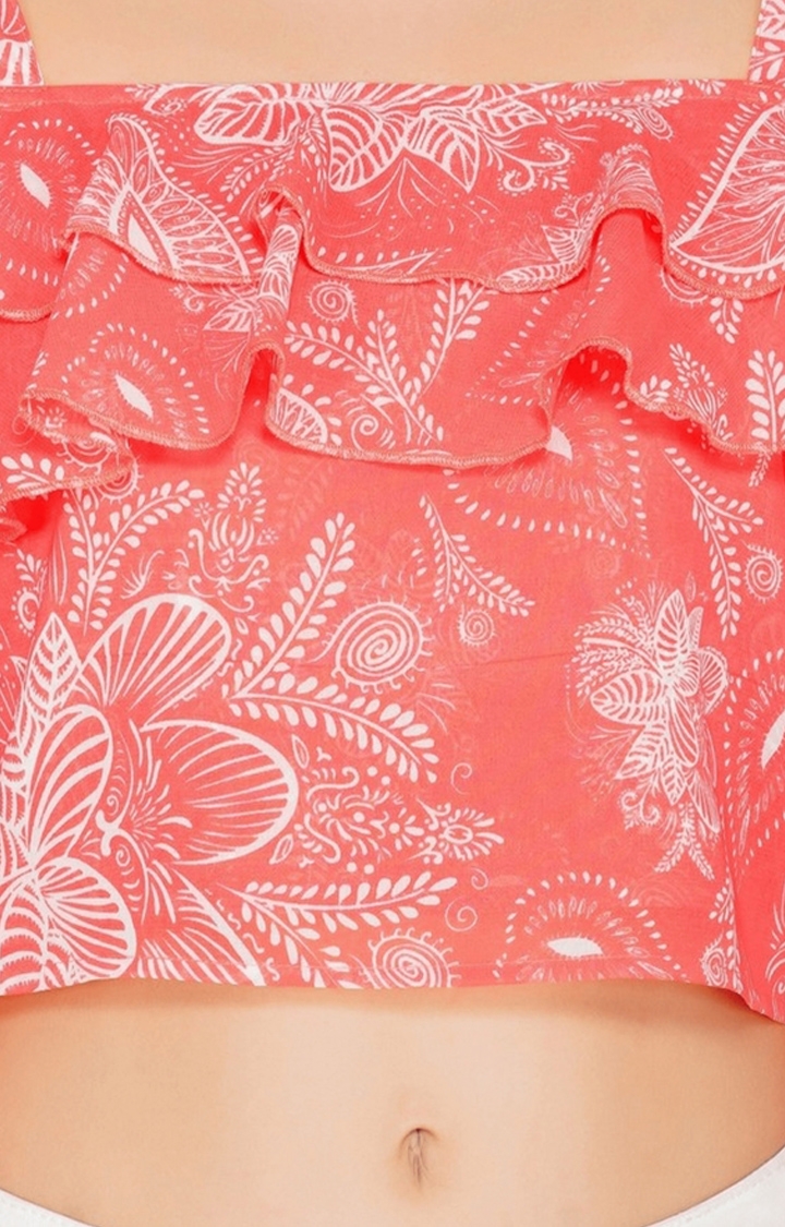 Women's Pink Printed Denim Crop Top