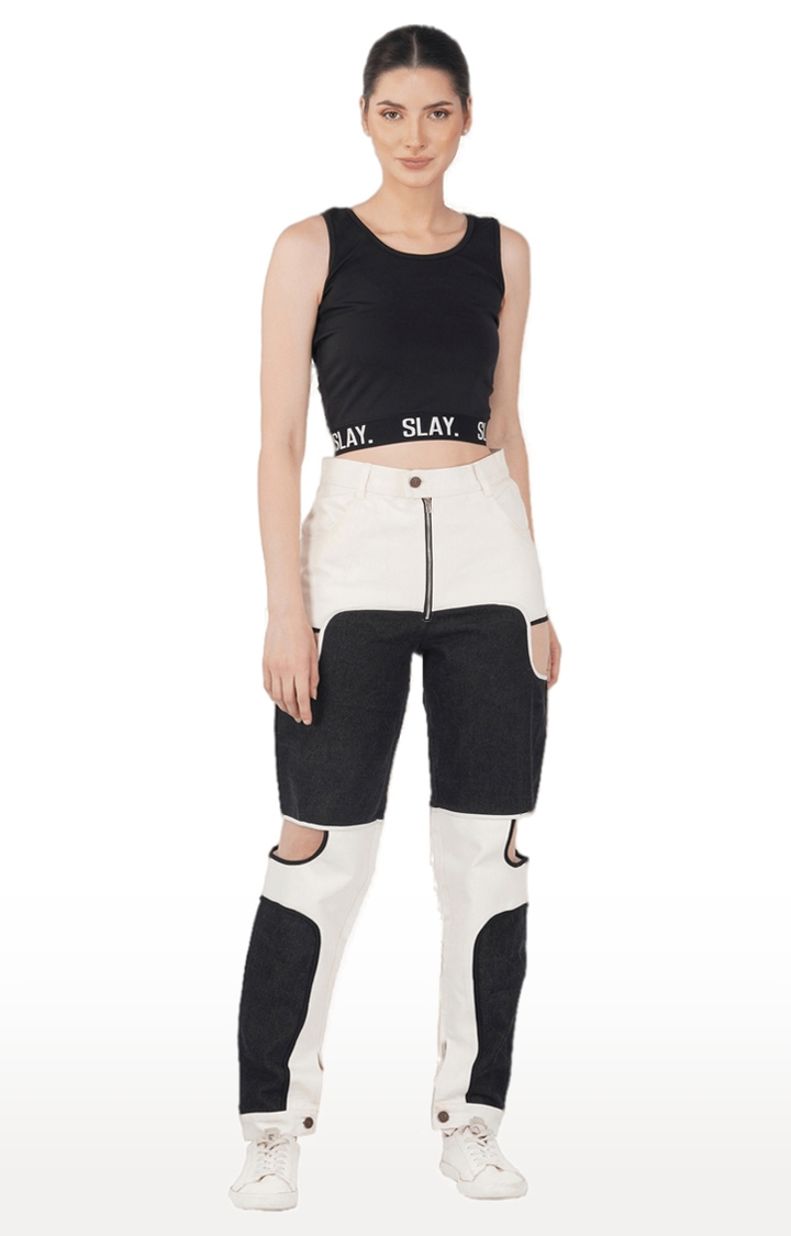 Women's Black & White Denim Colourblock Relaxed Jeans
