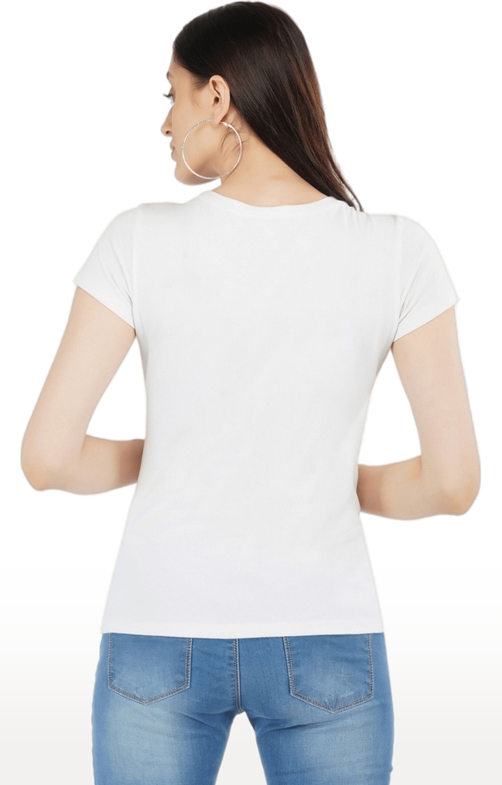 Women's White Embellished Cotton Regular T-Shirts