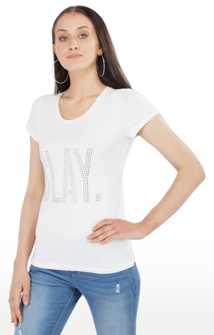 Women's White Embellished Cotton Regular T-Shirts