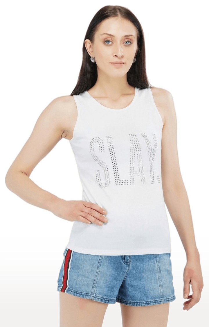 Women's White Embellished Satin Tank Top