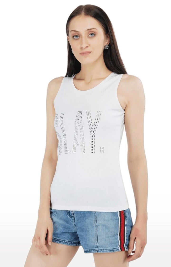 Women's White Embellished Satin Tank Top