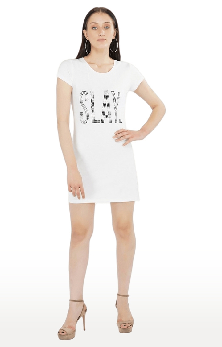 SLAY | Women's White Embellished Cotton Shift Dress
