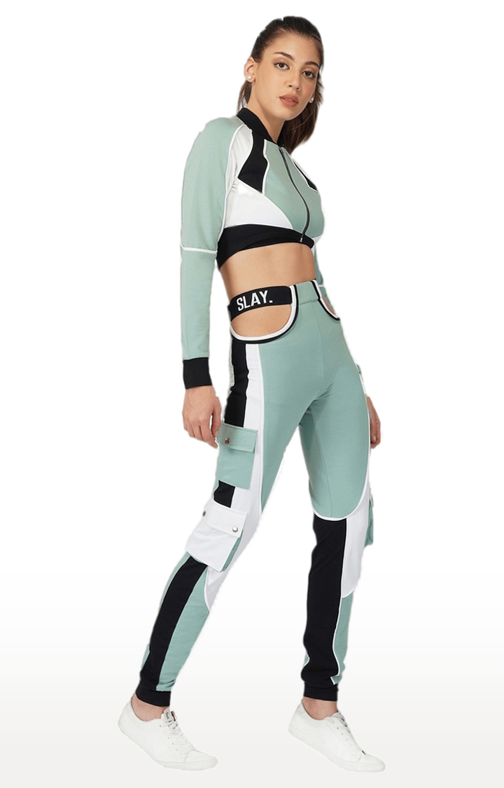 Women Activewear Tracksuit Turquoise Colorblock Crop Jacket & Cargo Pants Co-ord Set Streetwear