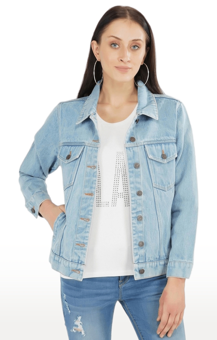 SLAY | Women's Blue Solid Denim Denim Jackets