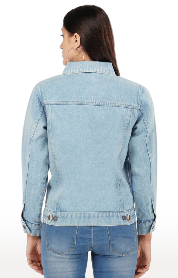 Women's Blue Solid Denim Denim Jackets