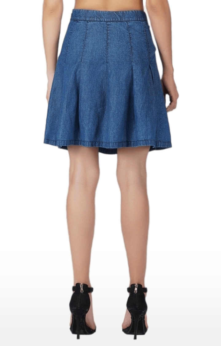 Women's Light Blue Polyester Soild Pleated Skirt