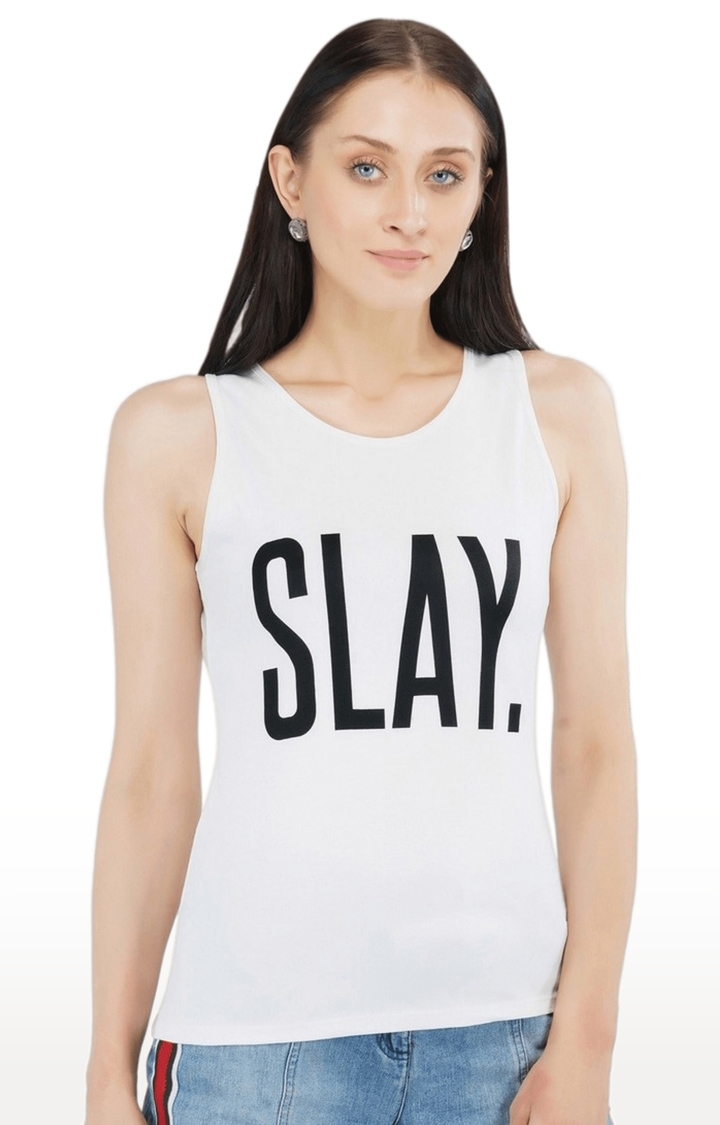 SLAY | Women's White Typographic Satin Tank Top