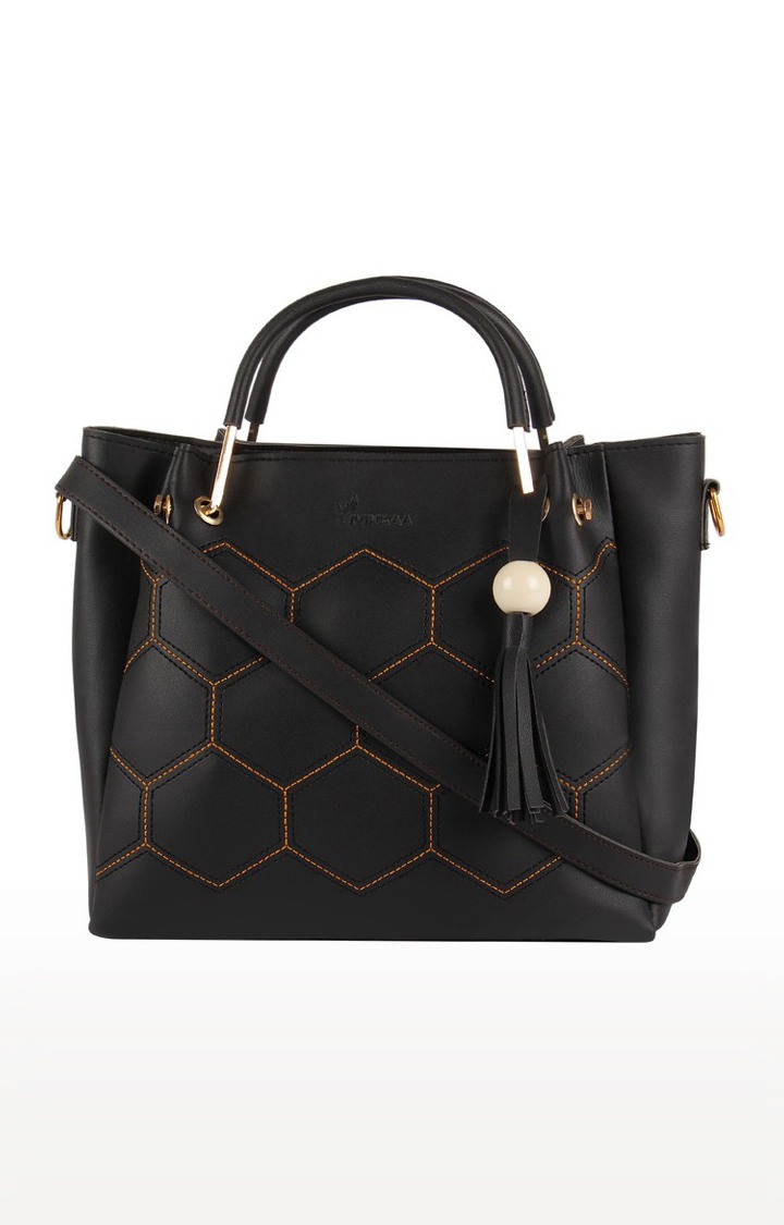 Vivinkaa Black Round Handle Faux Leather Embroidery Sling Bag