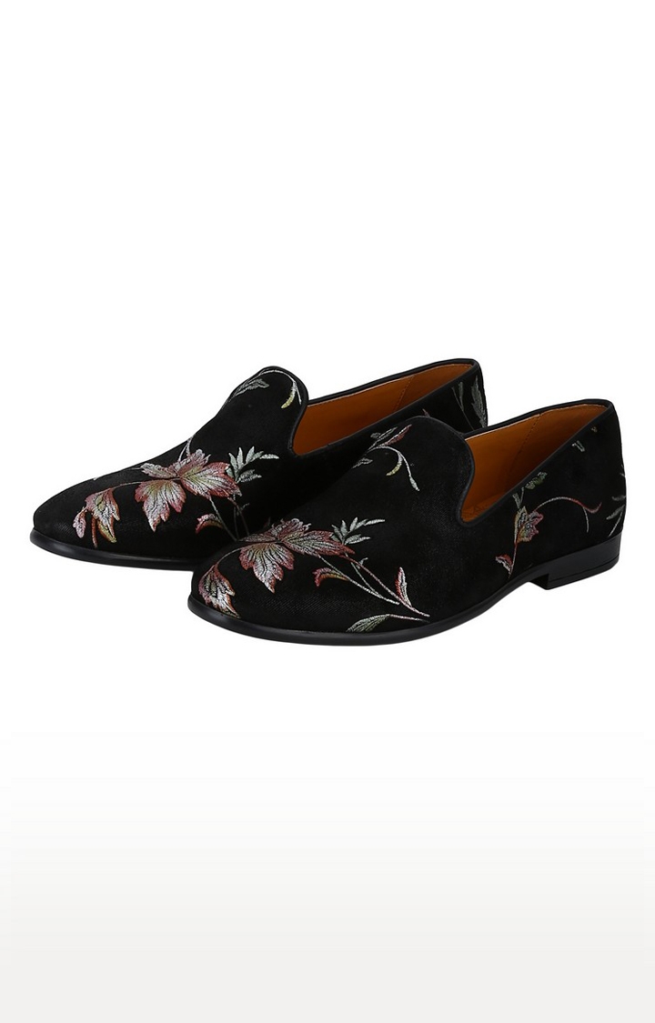 DEL MONDO | Del Mondo Genuine Leather Black Colour Flower Printed Slipon Loafer Shoe For Mens 4