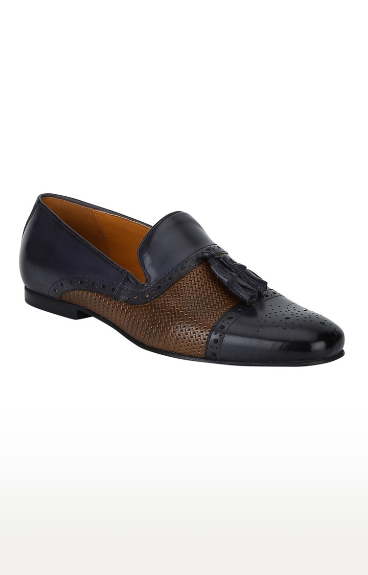 DEL MONDO | Del Mondo Genuine Leather Navy & Brown Colour Tazzle Slipon Brogue Loafer Shoe For Mens 0