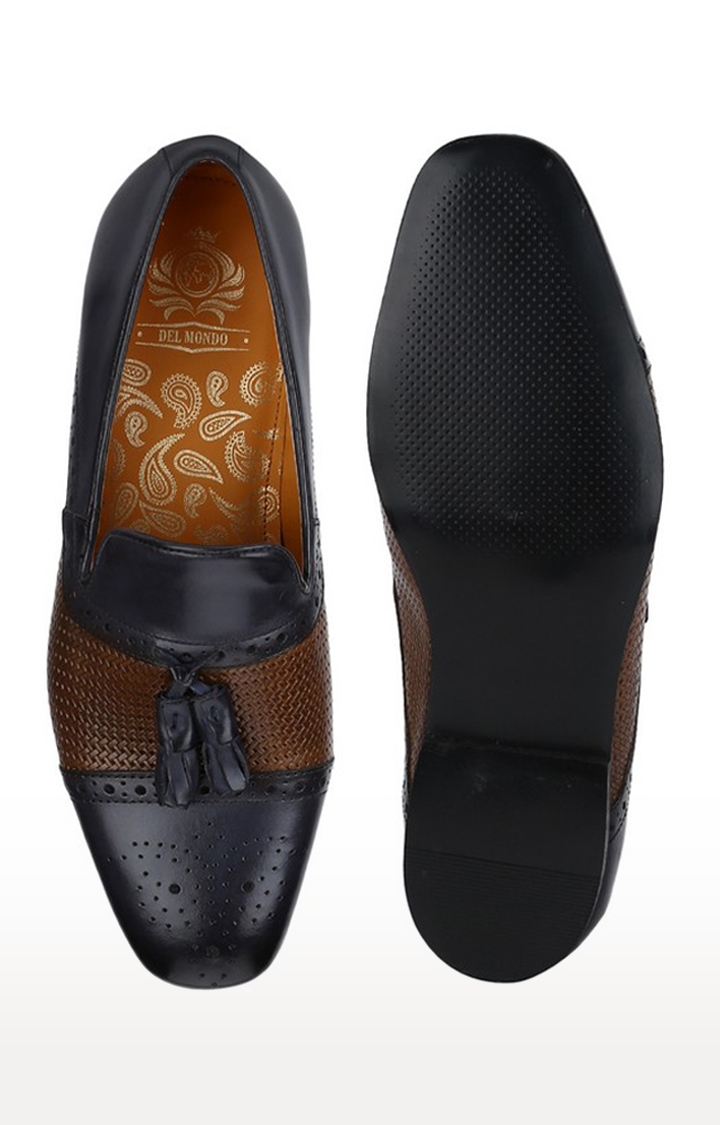 DEL MONDO | Del Mondo Genuine Leather Navy & Brown Colour Tazzle Slipon Brogue Loafer Shoe For Mens 4