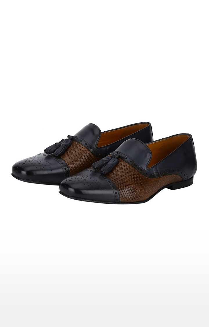 DEL MONDO | Del Mondo Genuine Leather Navy & Brown Colour Tazzle Slipon Brogue Loafer Shoe For Mens 3