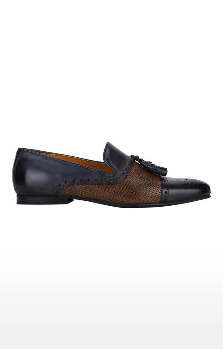 DEL MONDO | Del Mondo Genuine Leather Navy & Brown Colour Tazzle Slipon Brogue Loafer Shoe For Mens 1