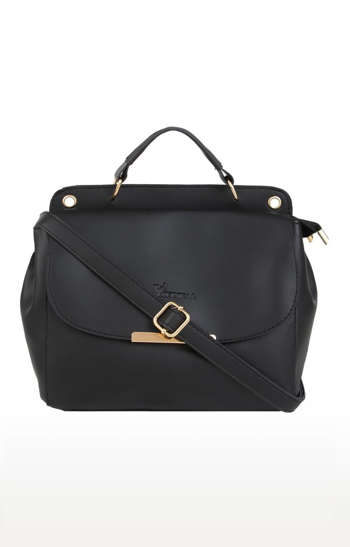 Vivinkaa | Vivinkaa Black Solid Leatherette Flap Compartment Sling Bag 0