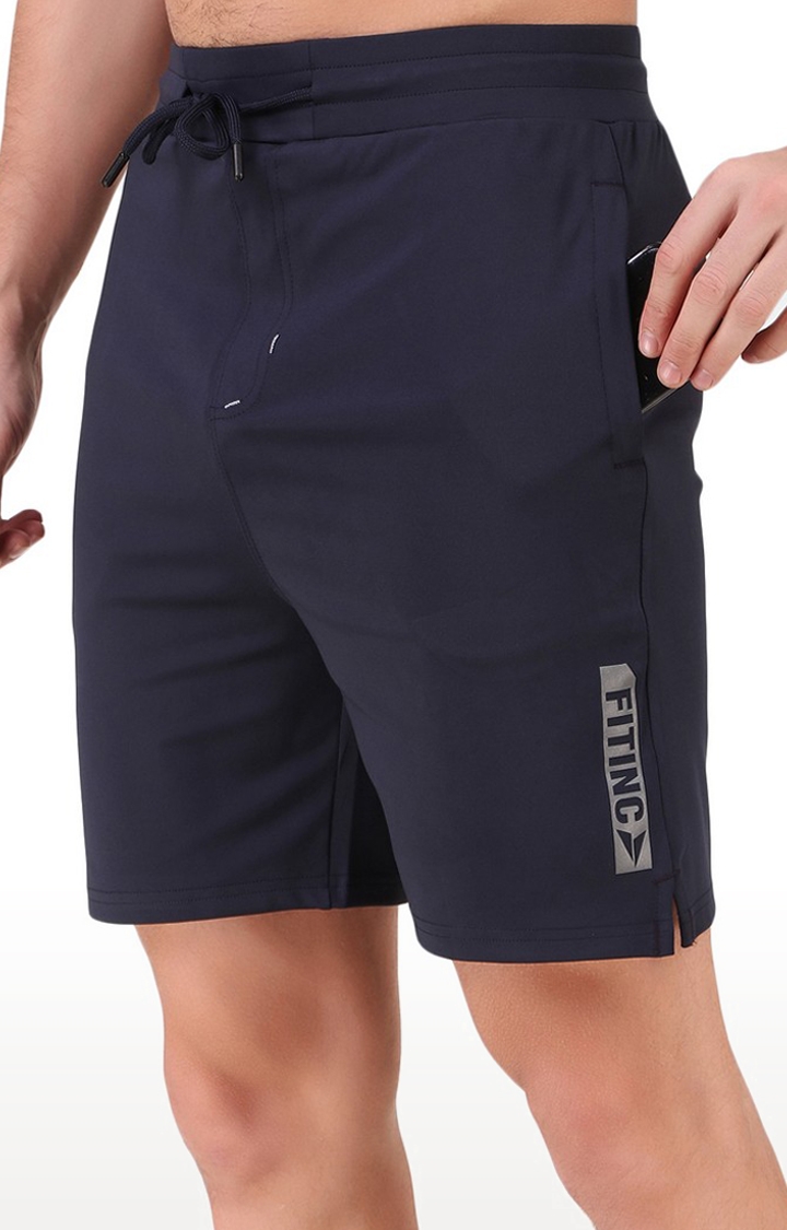 Fitinc | Men's Navy Blue  Lycra Solid Activewear Shorts 5