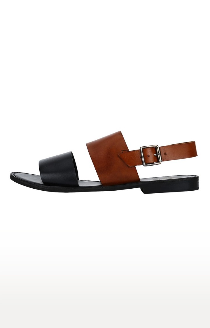 Del Mondo Genuine Leather Black & Tan Colour Buckle Strap Mens Sandals