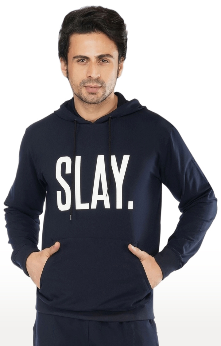 SLAY | Men's Blue Typographic Cotton Hoodies
