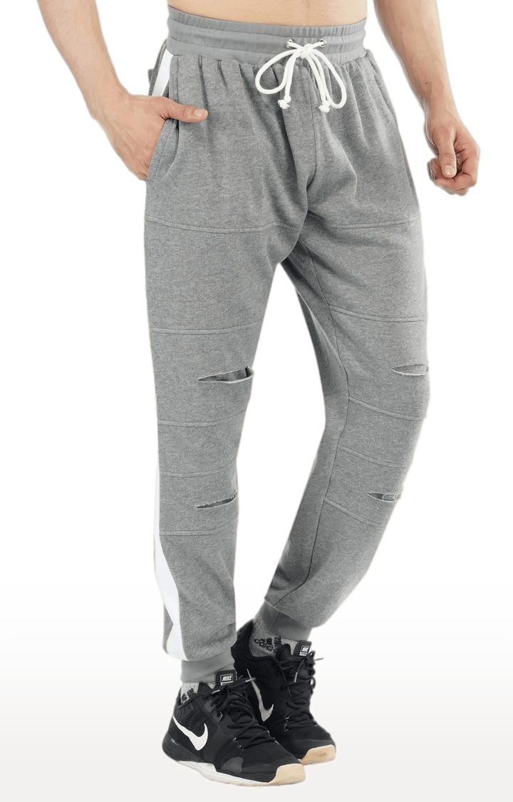 Men's Light Grey With White Stripe Cotton Soild Activewear Joggers