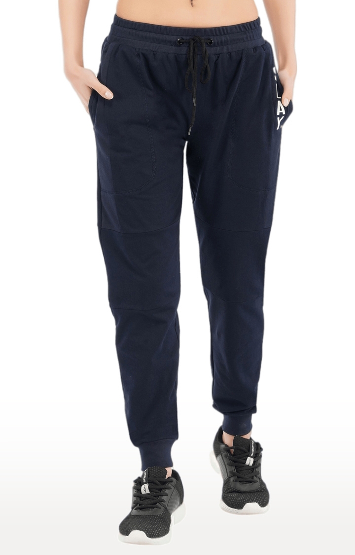 SLAY | Women's Navy Blue Cotton Soild Activewear Joggers