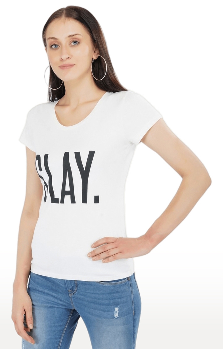 Women's White Typographic Cotton Regular T-Shirts