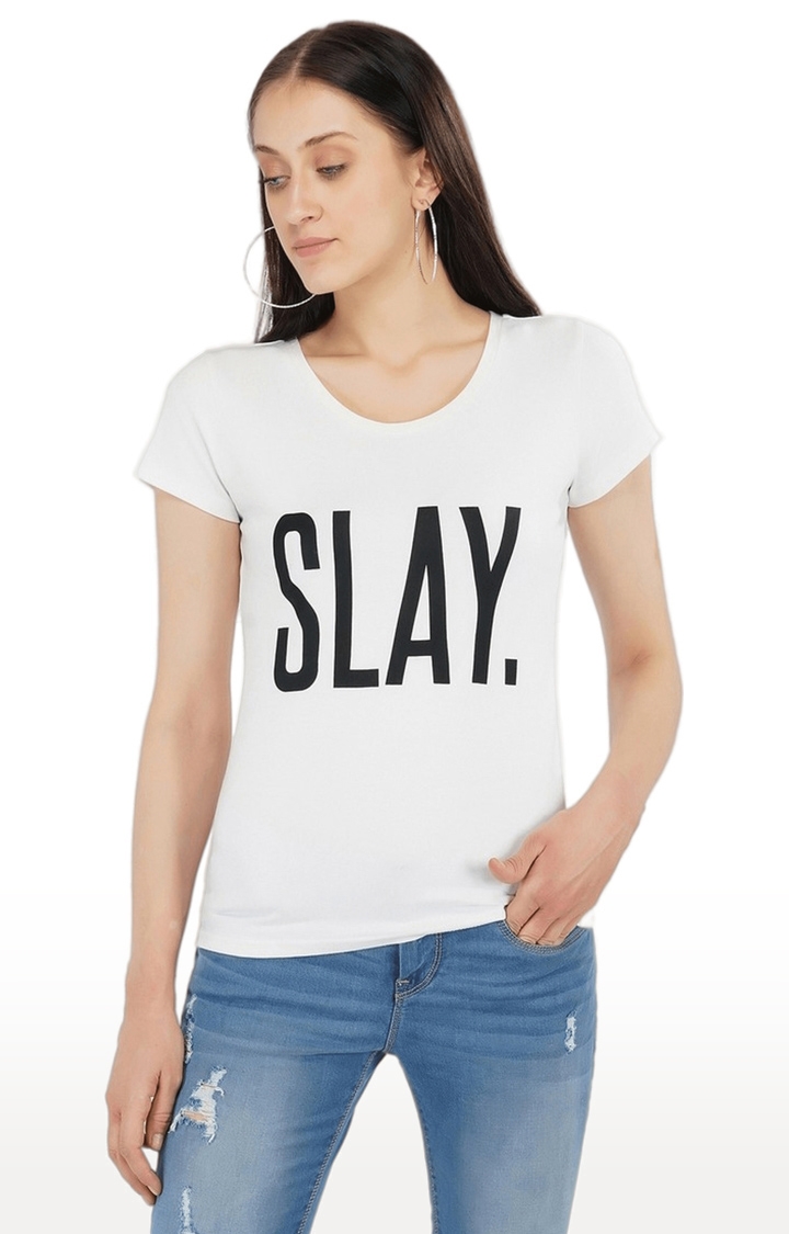 SLAY | Women's White Typographic Cotton Regular T-Shirts
