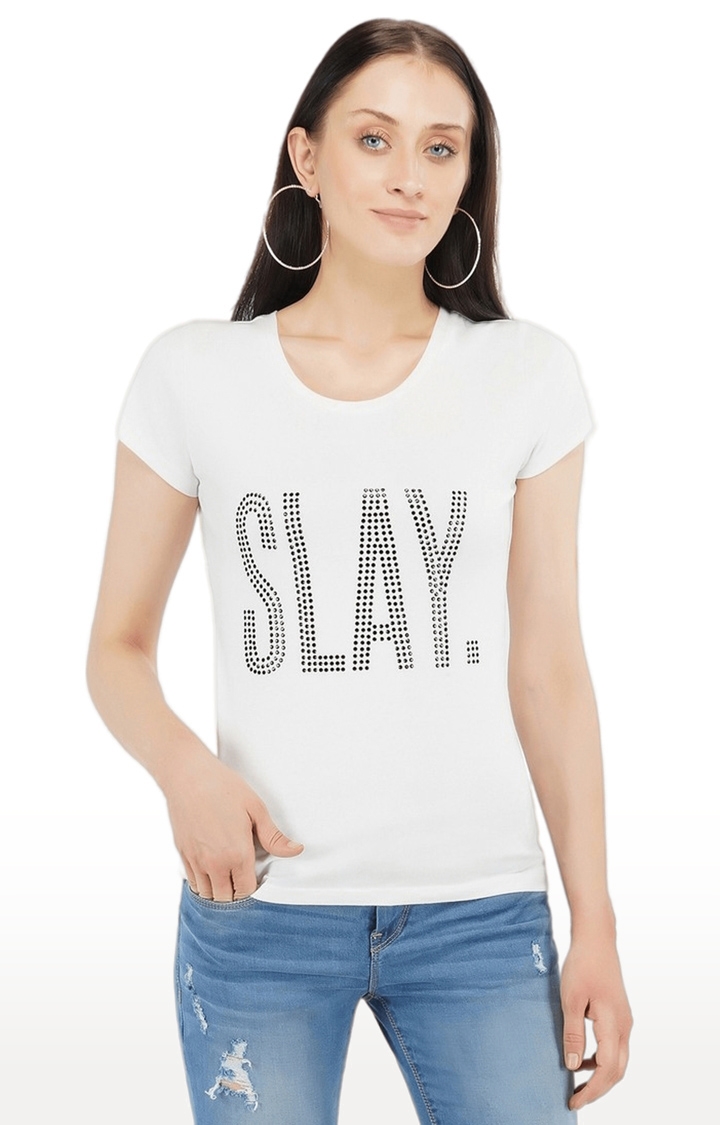 SLAY | Women's White Embellished Cotton Regular T-Shirts