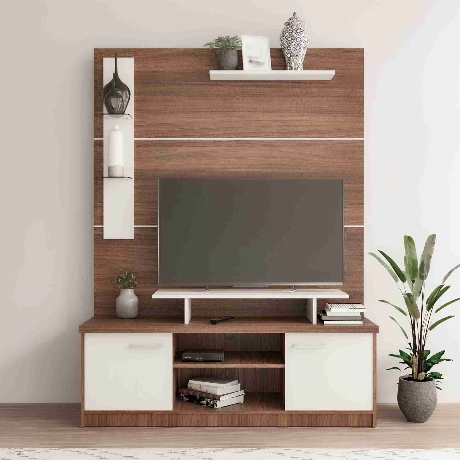 Brit TV Entertainment Unit Teak - Brown | TV Unit for Living Room | TV Cabinet with 2 Door & Open Shelf Storage| | 1 Year Warranty|
