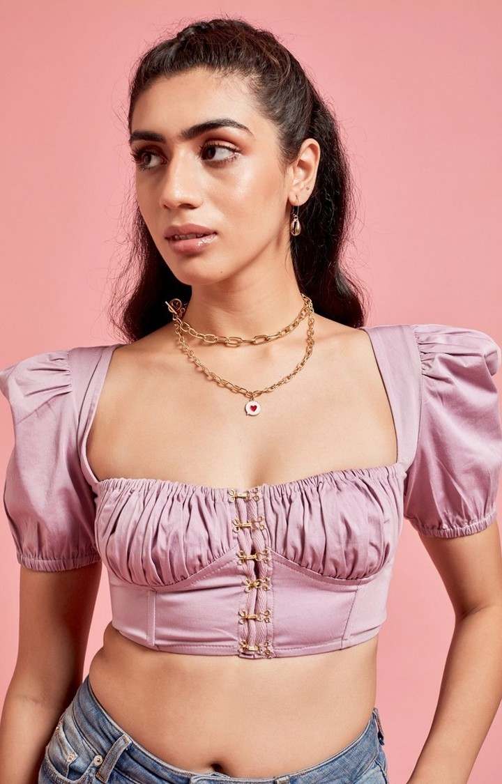 Puff Sleeves Hook and Eye Corset Top Lavender