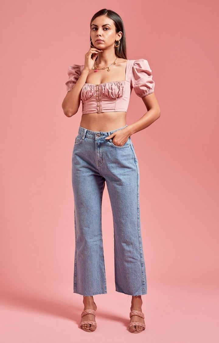 Puff Sleeves Hook and Eye Corset Top Pink