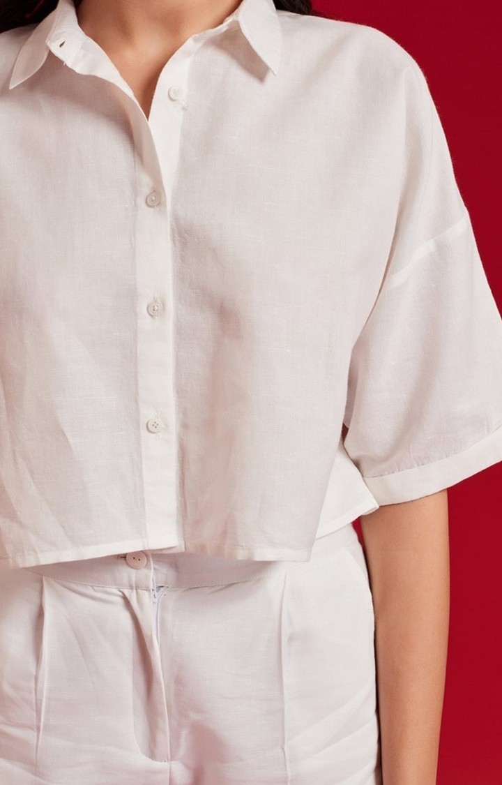 Half Sleeves Linen Shirt White