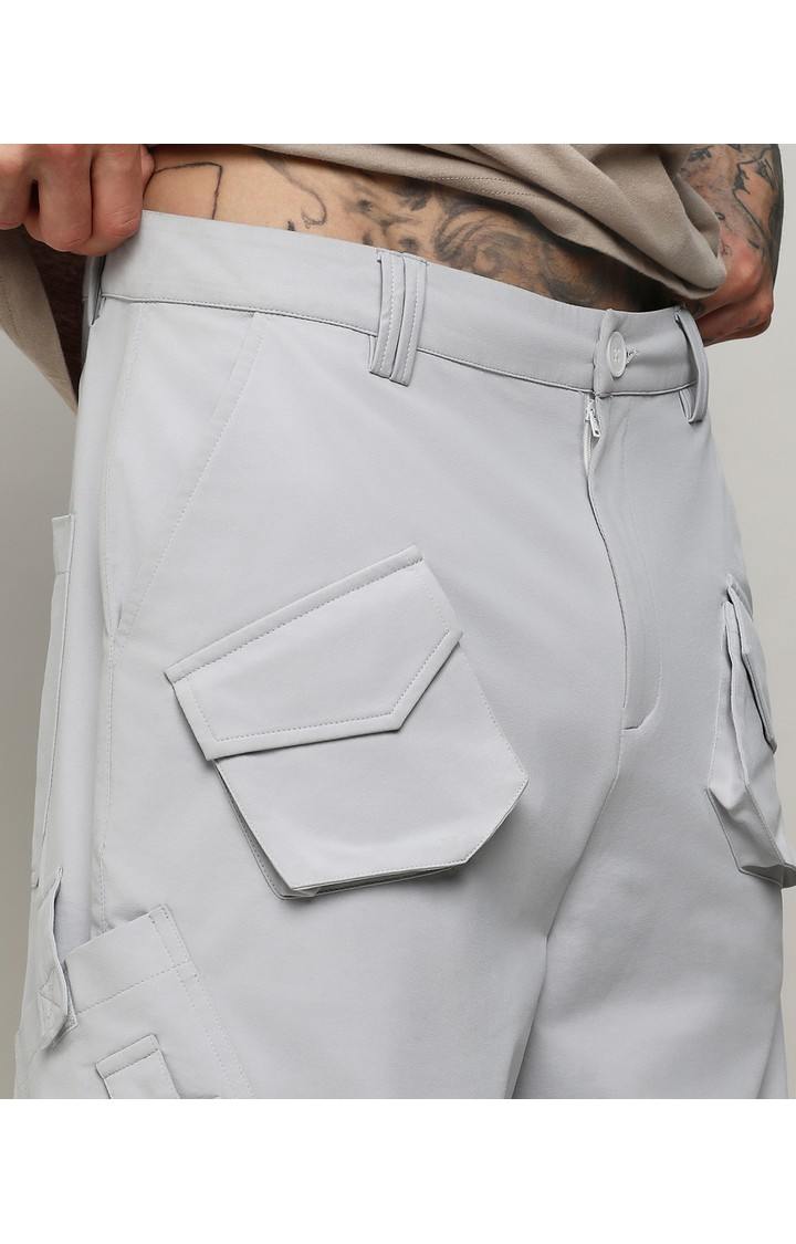 Men's Moon Grey Solid Polyester Cargos