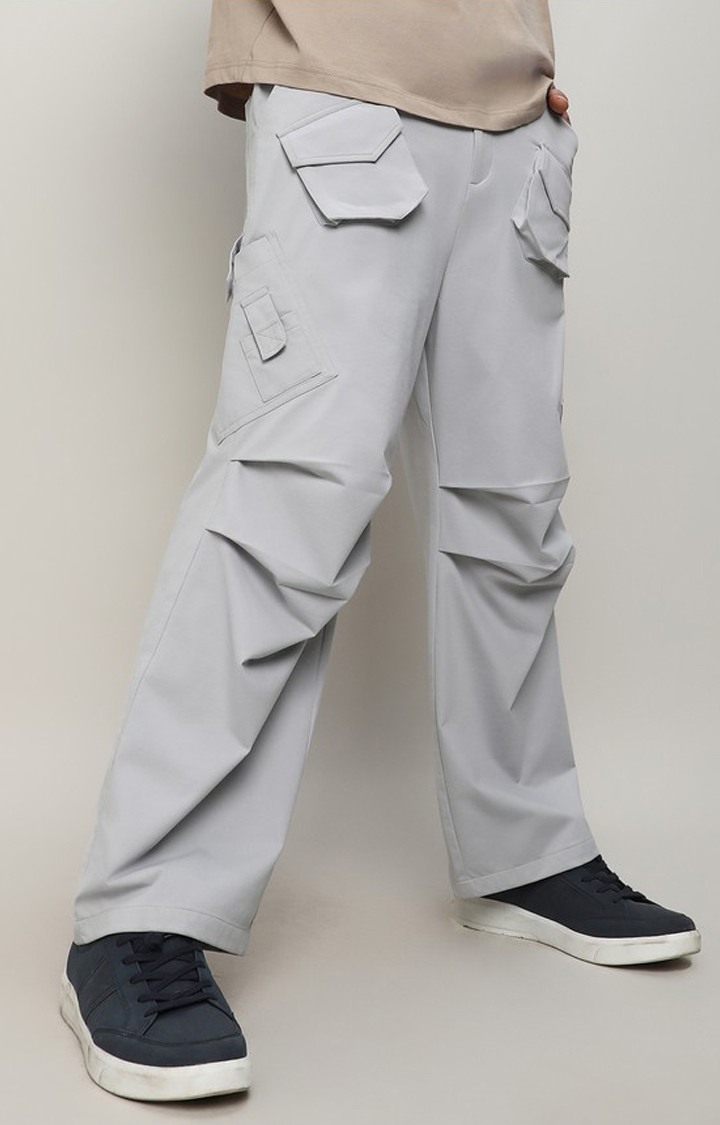 Men's Moon Grey Solid Polyester Cargos