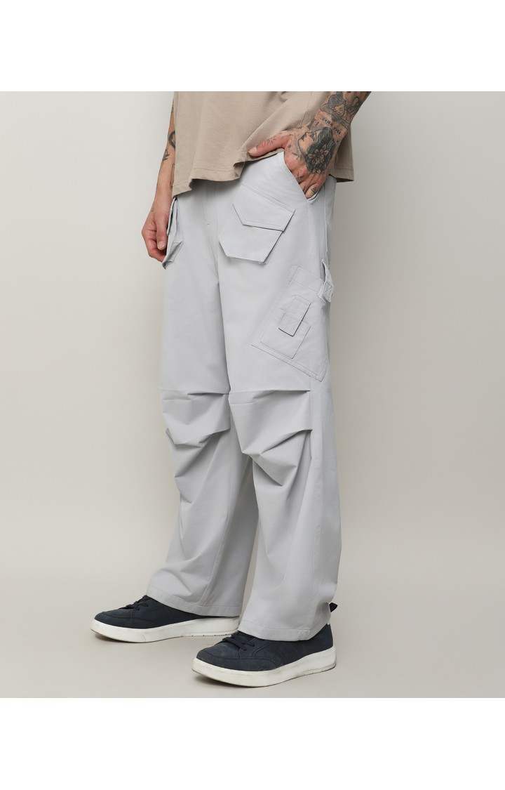 Men's Moon Grey Solid Polyester Cargos