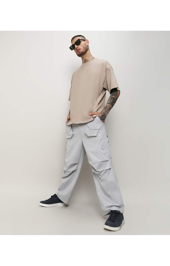 Men's Moon Grey Solid Polyester Cargos