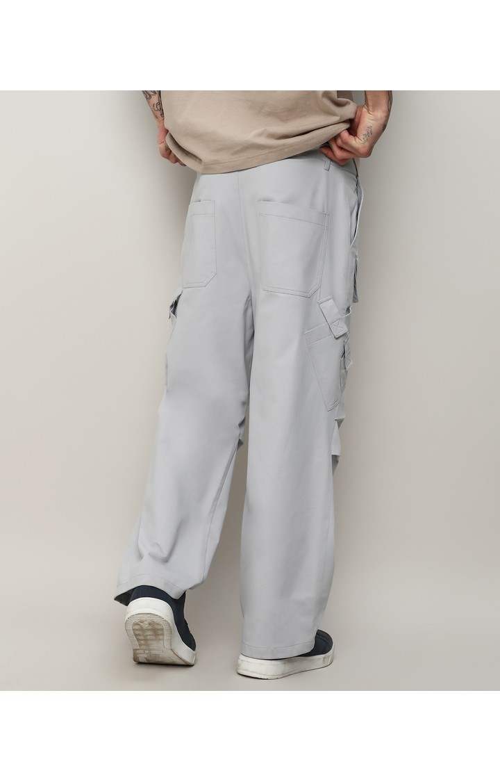 Men's Moon Grey Solid Polyester Cargos