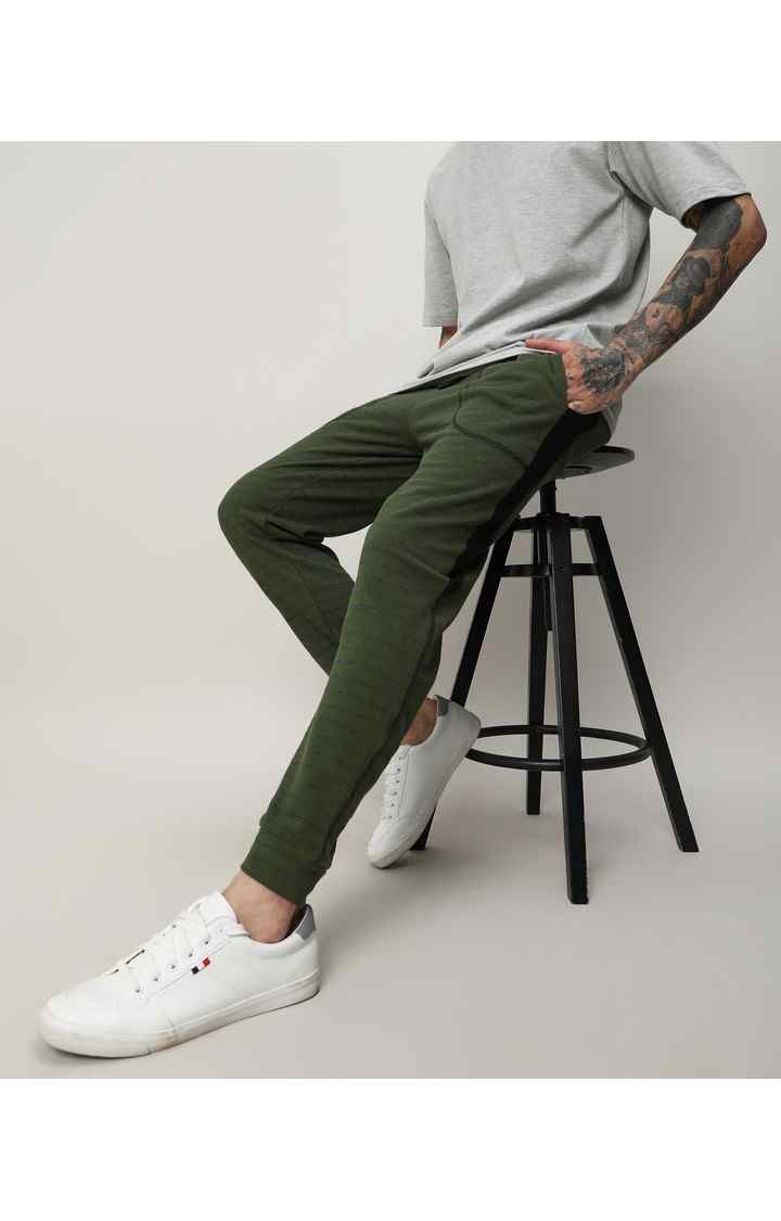 Men's Dark Green Striped Cotton Trackpants