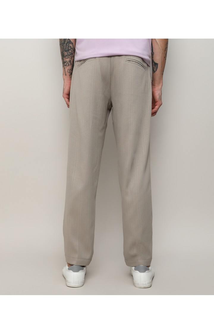 Men's Oatmeal Beige Solid Cotton Trousers