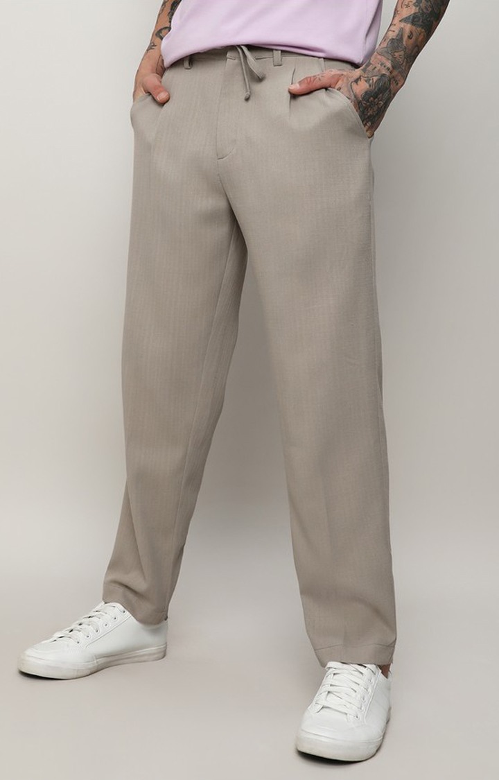 Men's Oatmeal Beige Solid Cotton Trousers