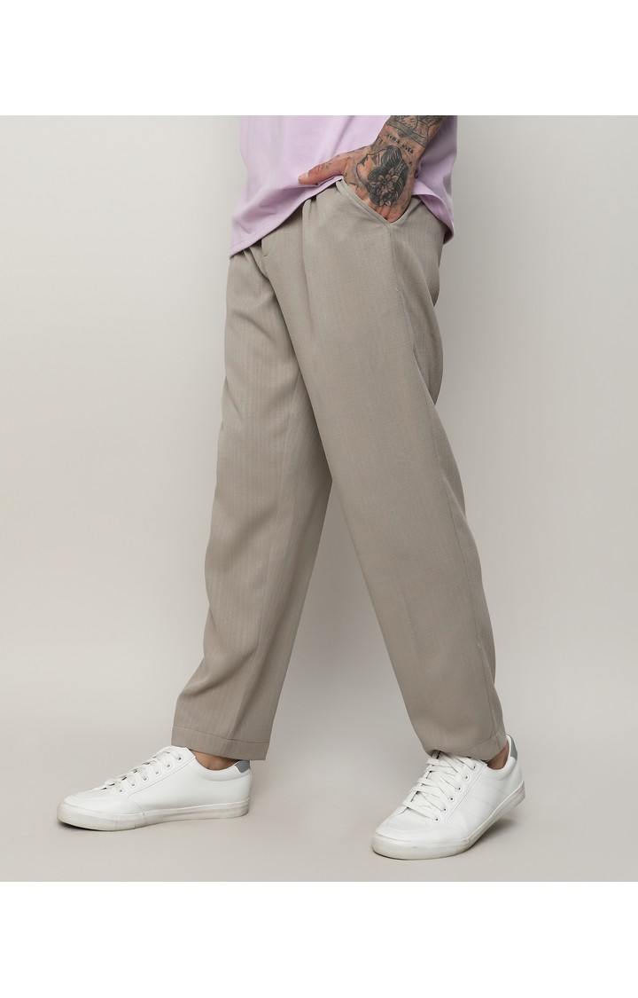 Men's Oatmeal Beige Solid Cotton Trousers