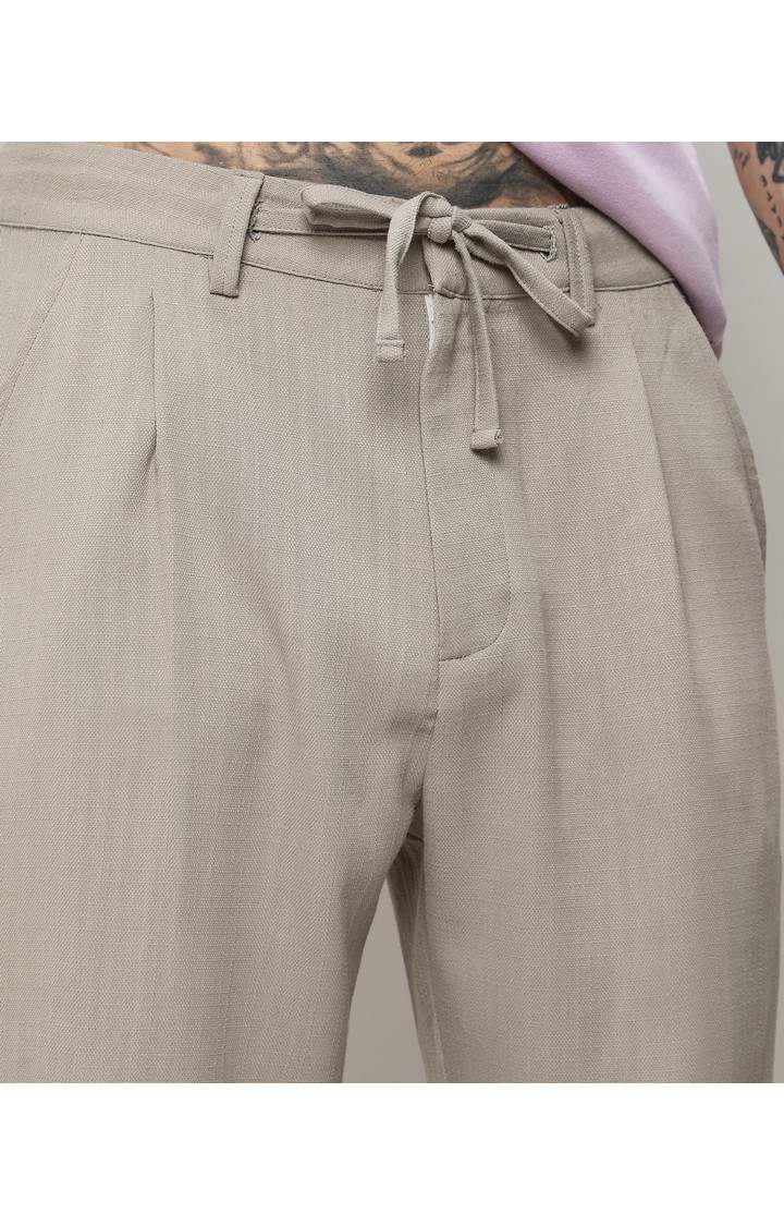 Men's Oatmeal Beige Solid Cotton Trousers
