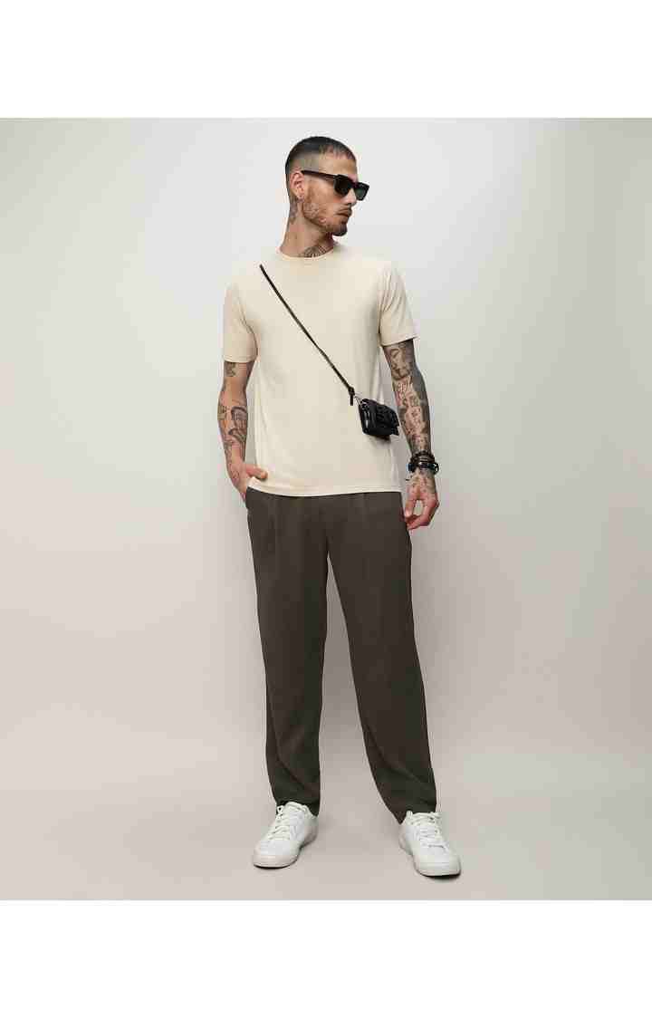 Men's Army Green Solid Cotton Trousers