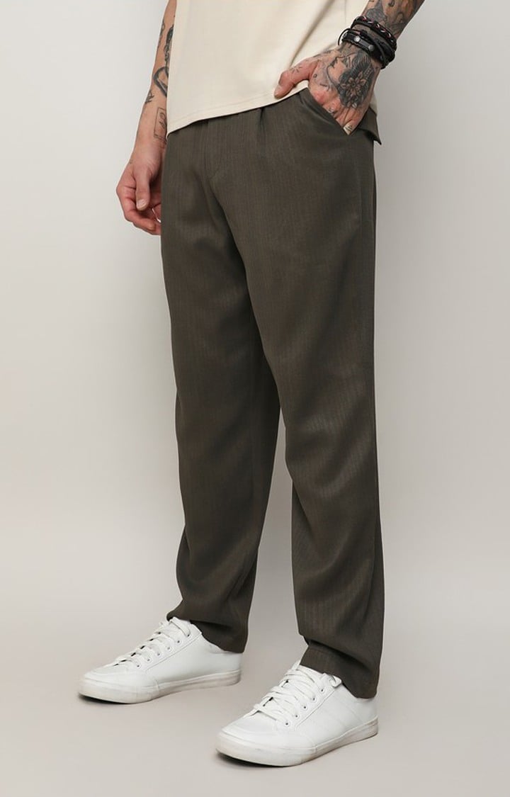 Men's Army Green Solid Cotton Trousers