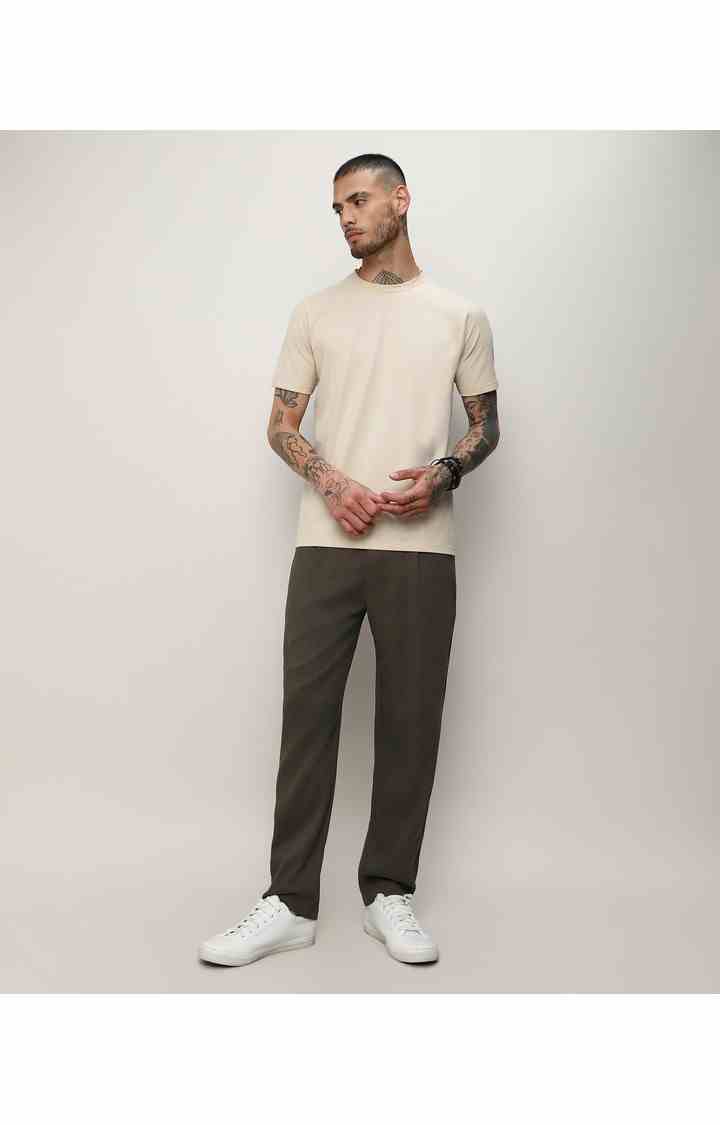 Men's Army Green Solid Cotton Trousers