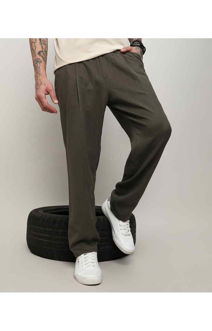 Men's Army Green Solid Cotton Trousers