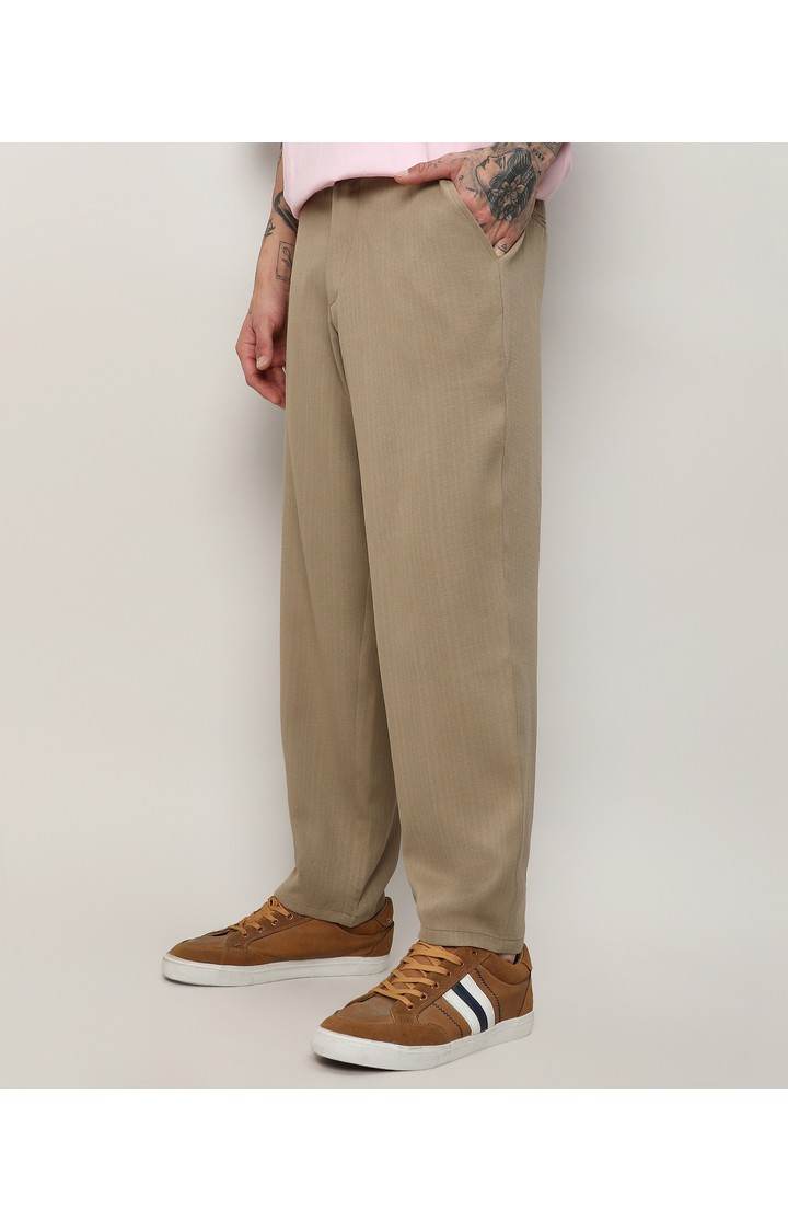 Men's Beige Solid Cotton Trousers