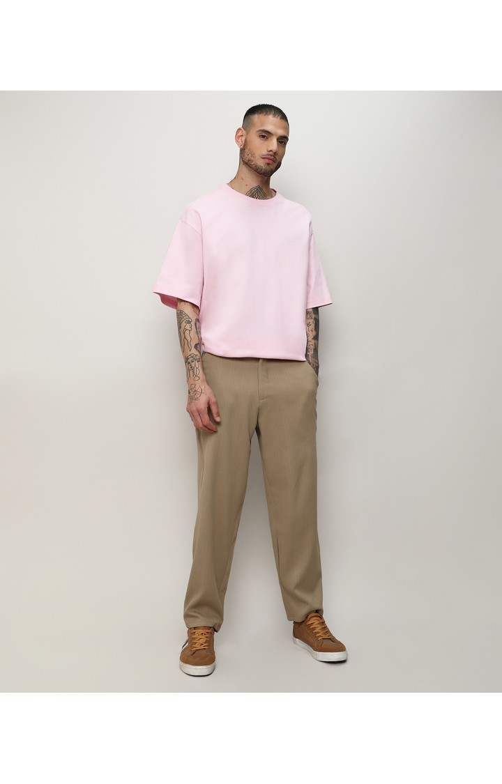 Men's Beige Solid Cotton Trousers
