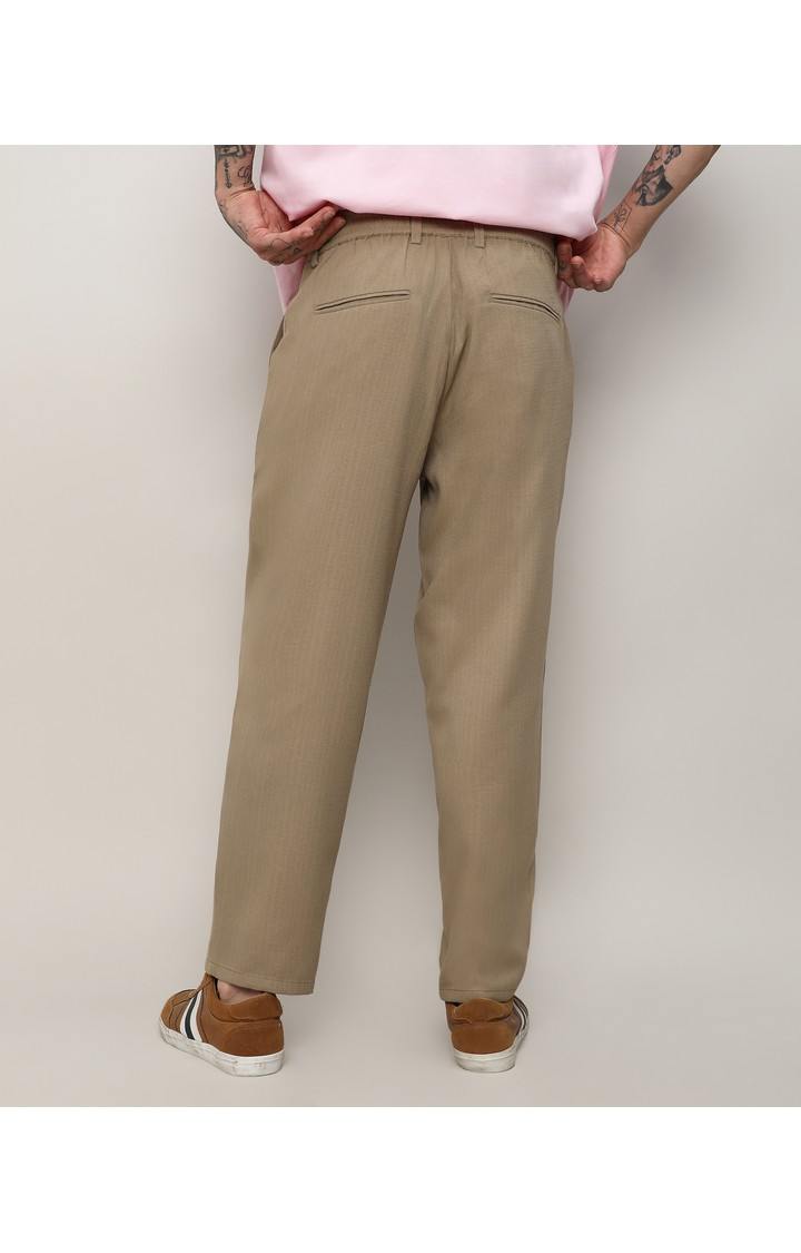 Men's Beige Solid Cotton Trousers
