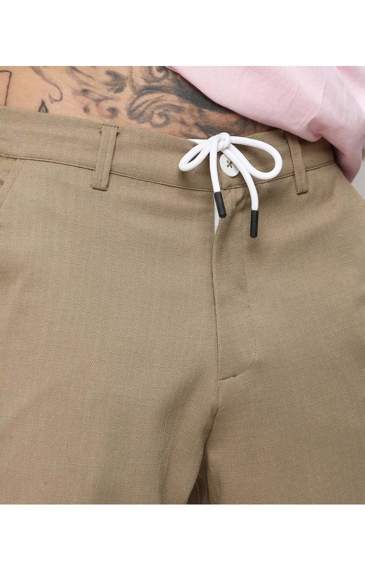 Men's Beige Solid Cotton Trousers