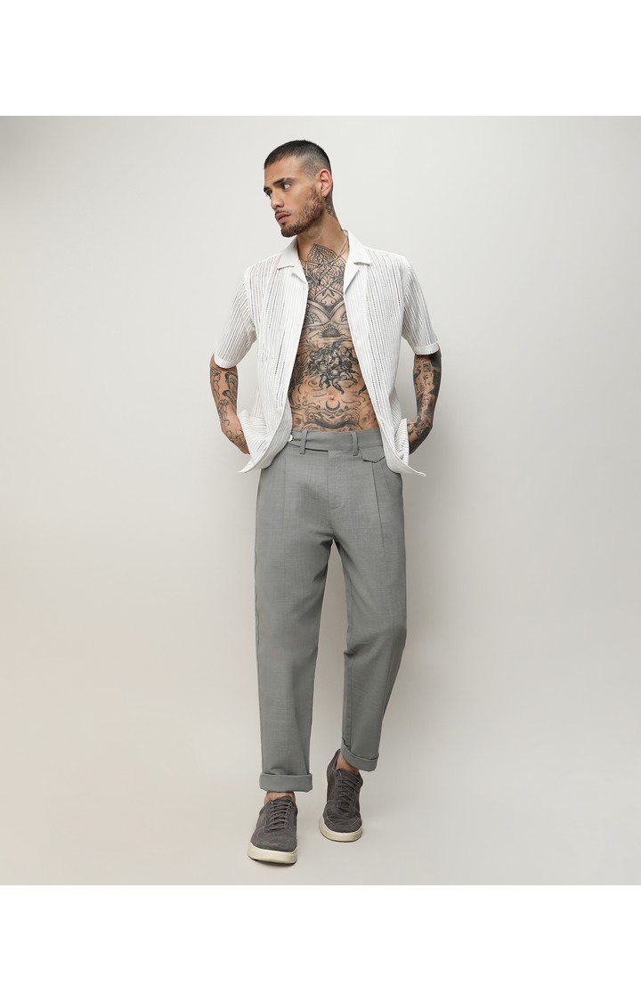 Men's Moon Grey Solid Cotton Trousers